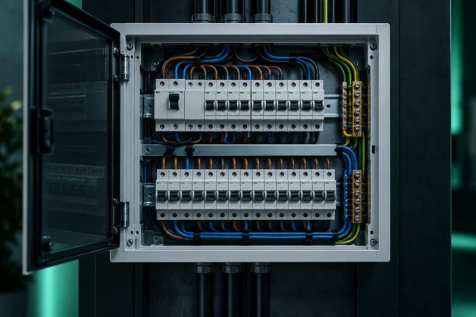 Open electrical distribution board with neatly routed wiring and rows of breakers