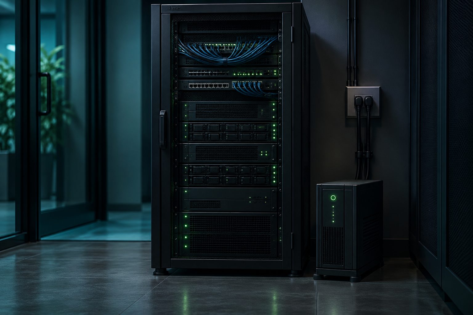 Floor-standing network rack with patching, switches and a UPS beside it