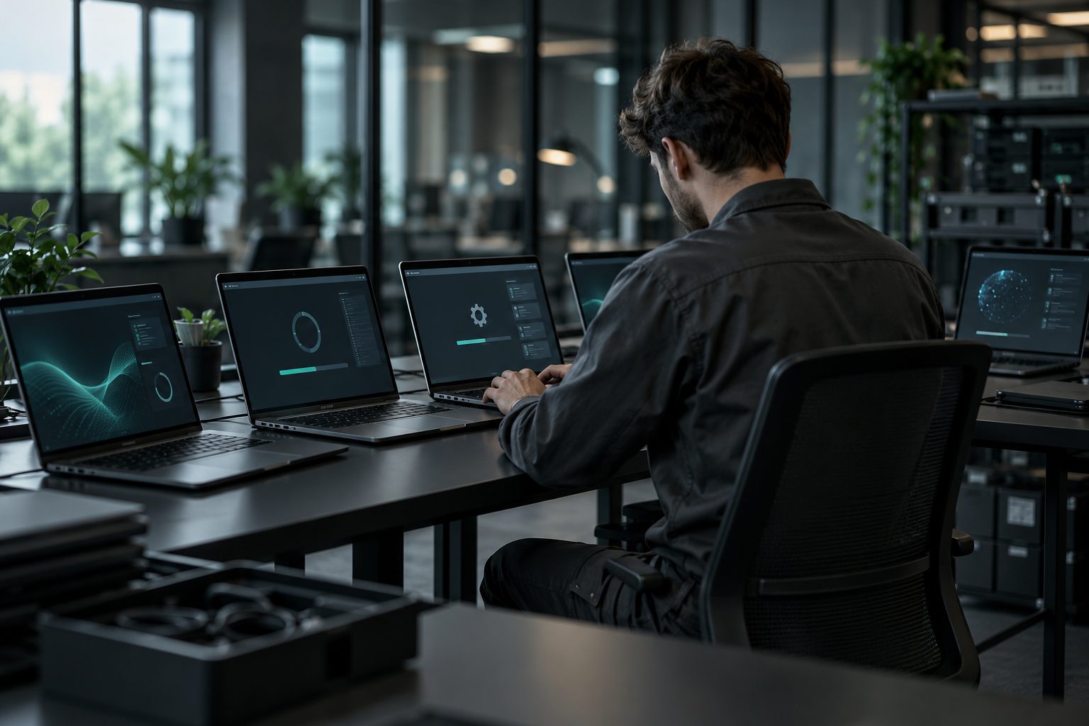 Technician configuring business laptops